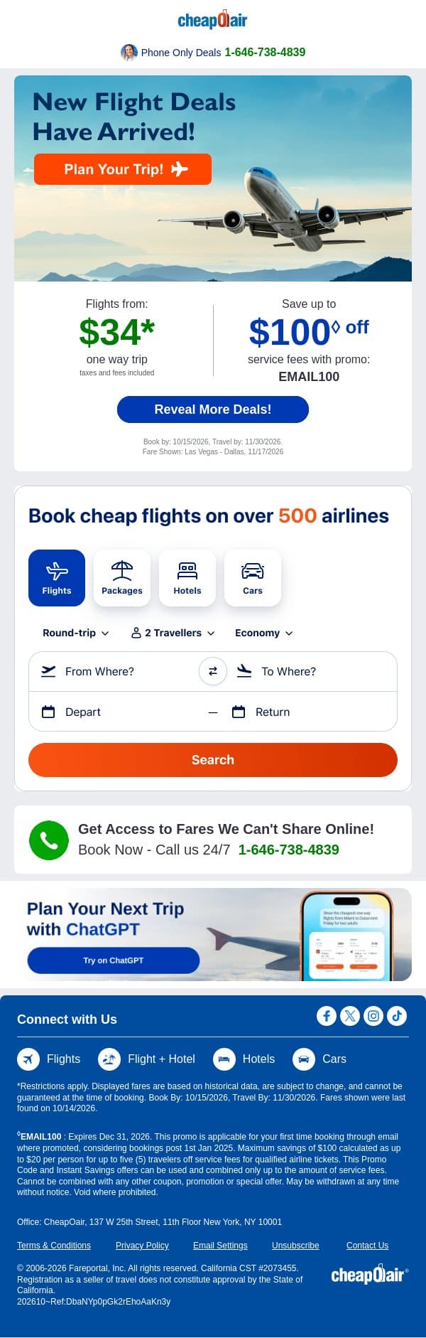 🎉✈New Flight Deals Have Arrived! Fly from $34 email from CheapOair screenshot