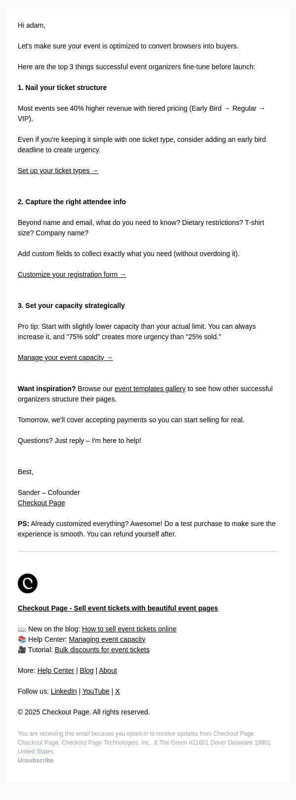 Let's make your event shine email from Checkout Page screenshot