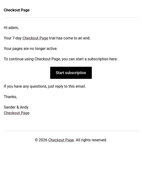 Your free trial has ended email from Checkout Page screenshot
