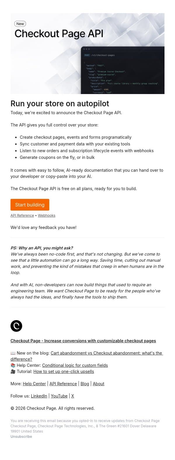 Run your store on autopilot email from Checkout Page screenshot