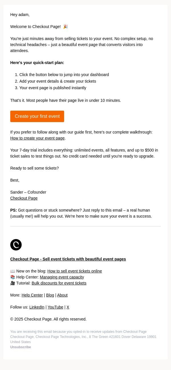 Welcome! Create your first event page in 10 minutes email from Checkout Page screenshot