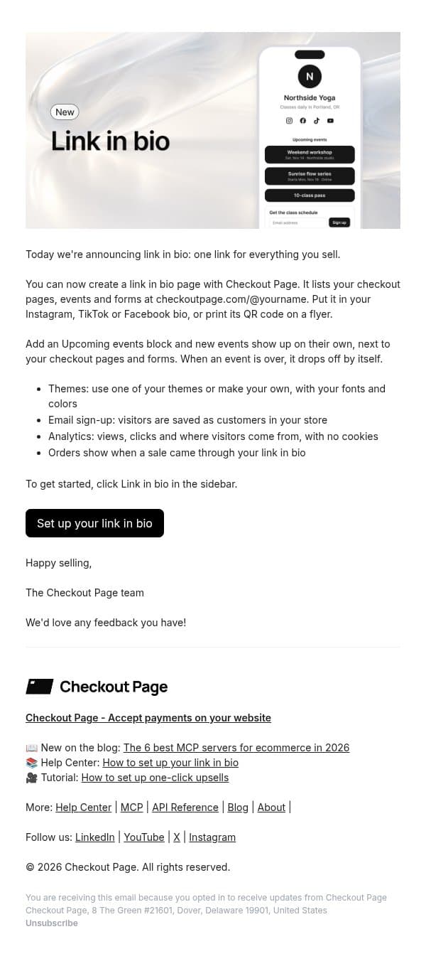 New: Link in bio (it's free!) email from Checkout Page screenshot