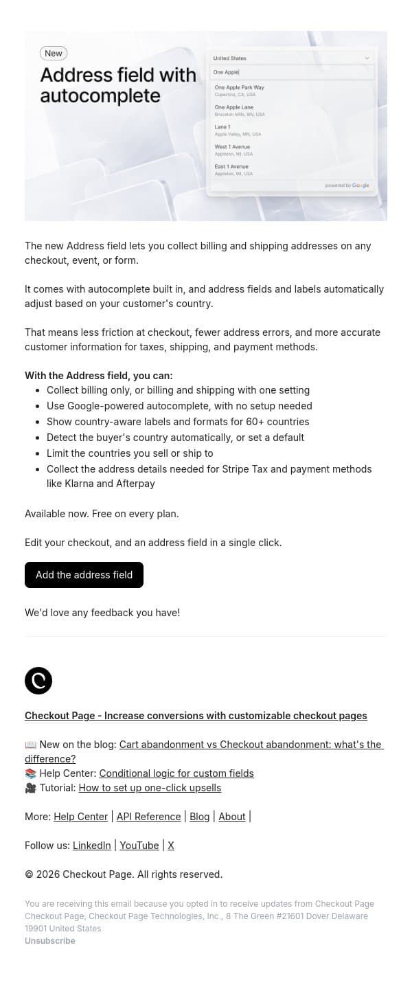 New: Address field with autocomplete email from Checkout Page screenshot