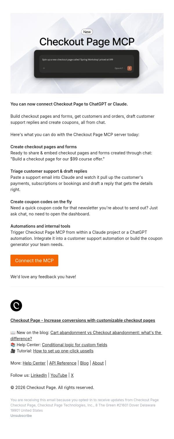 New: Checkout Page MCP email from Checkout Page screenshot