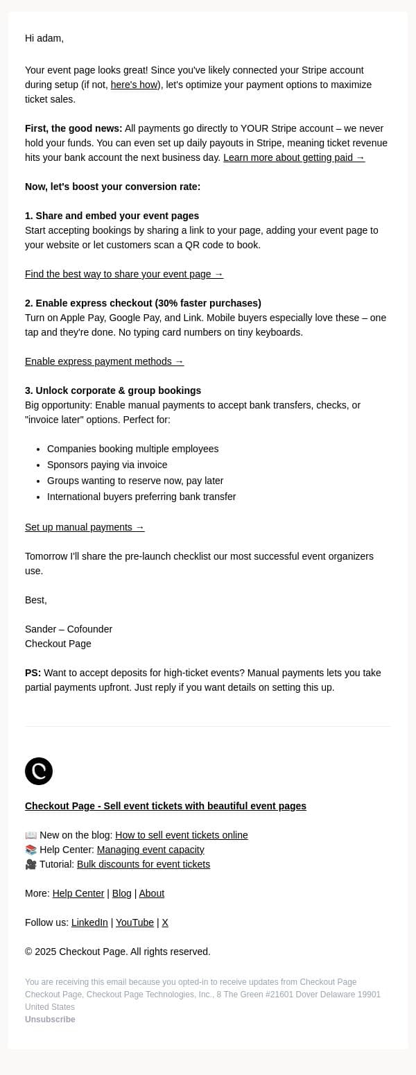 Ready to start selling tickets? email from Checkout Page screenshot