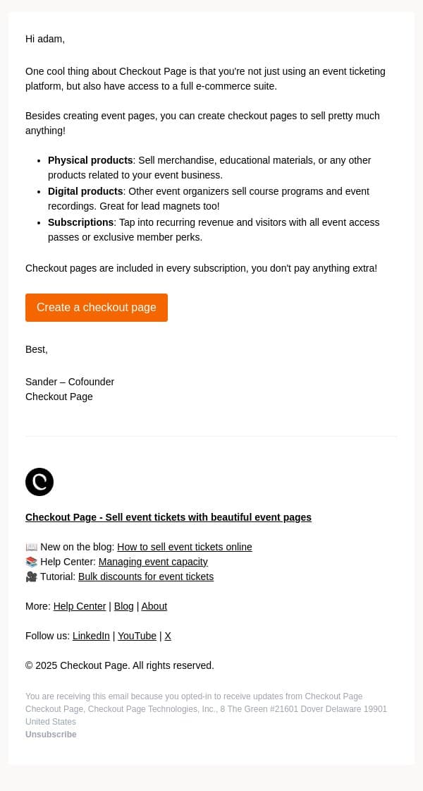 Sell merch & add-ons email from Checkout Page screenshot