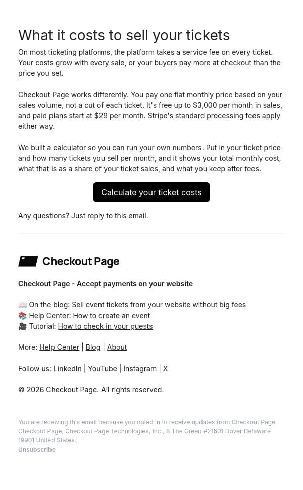 What it costs to sell your tickets email from Checkout Page screenshot