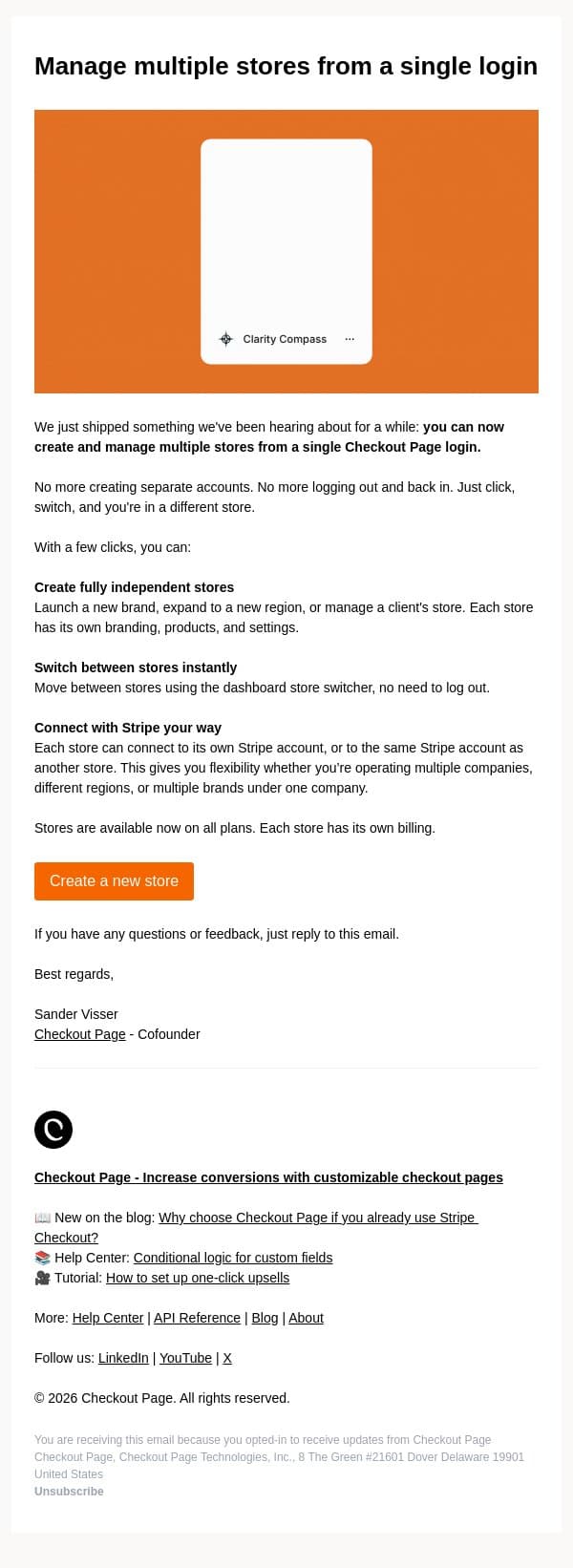 New: Manage multiple stores from a single login email from Checkout Page screenshot