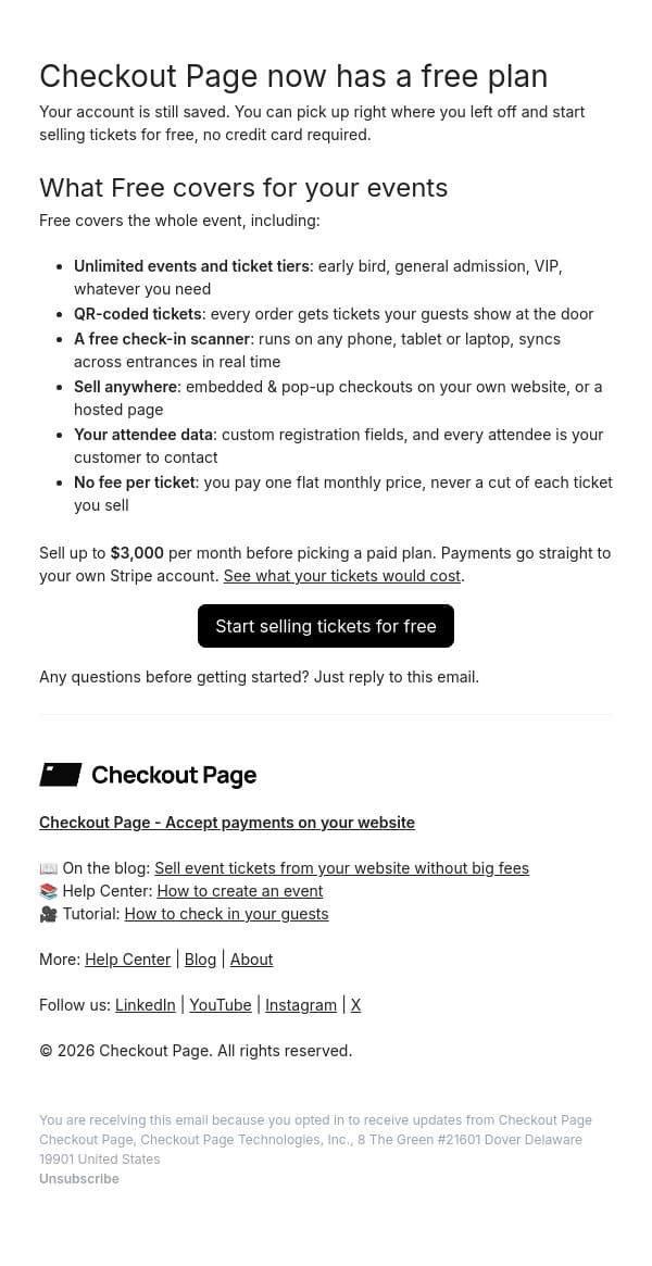 Checkout Page now has a free plan email from Checkout Page screenshot