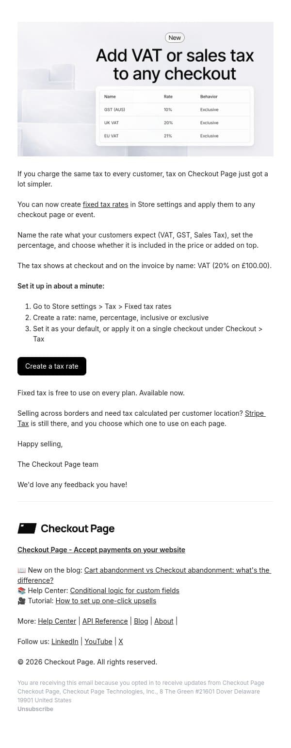 New: Tax rates, without the Stripe Tax setup email from Checkout Page screenshot