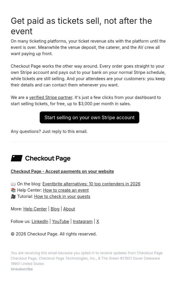 Get paid as tickets sell, not after the event email from Checkout Page screenshot