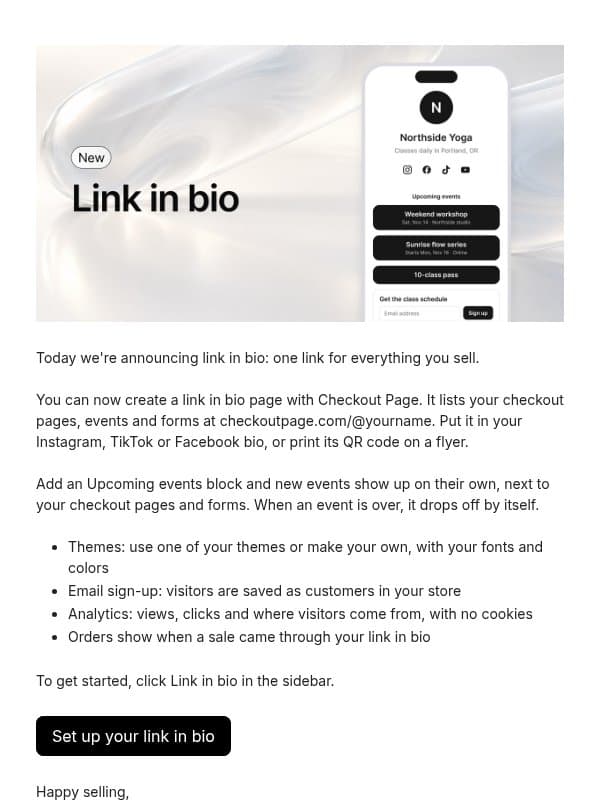 New: Link in bio (it's free!) email from Checkout Page