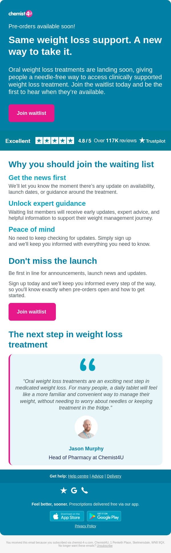 Coming soon: a new way to access weight loss support! ๐ email from Chemist4U screenshot