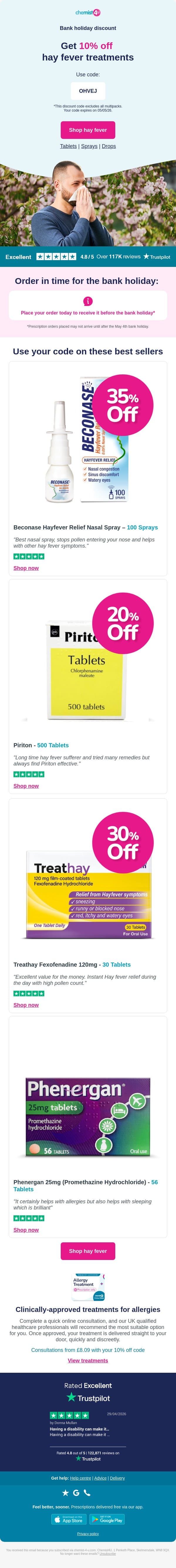 10% off hay fever treatments! 𤧠email from Chemist4U screenshot