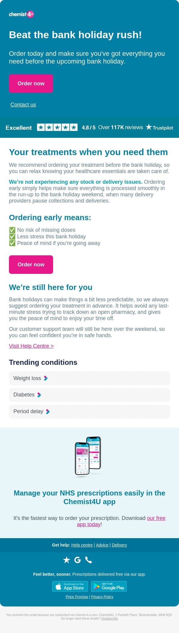 Beat the bank holiday rush! π email from Chemist4U screenshot