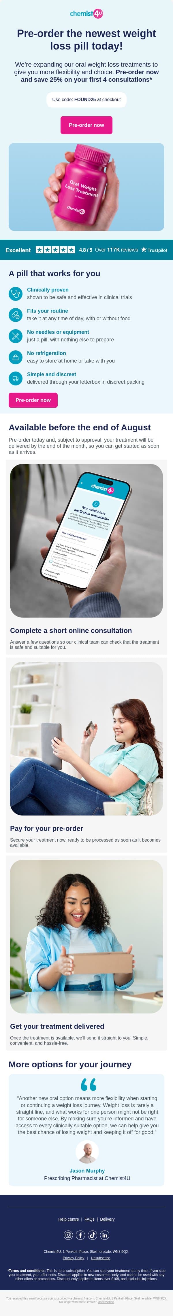 25% OFF when you pre-order the new weight loss treatment email from Chemist4U screenshot