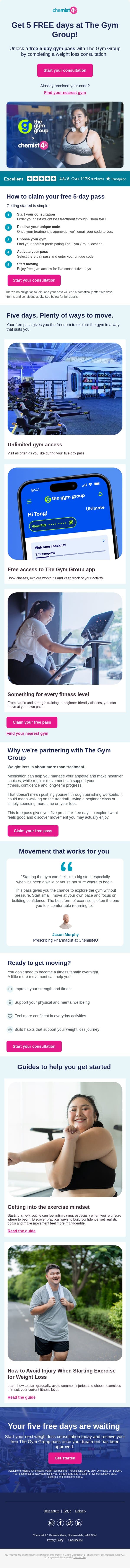 5 FREE gym sessions with your next order! email from Chemist4U screenshot