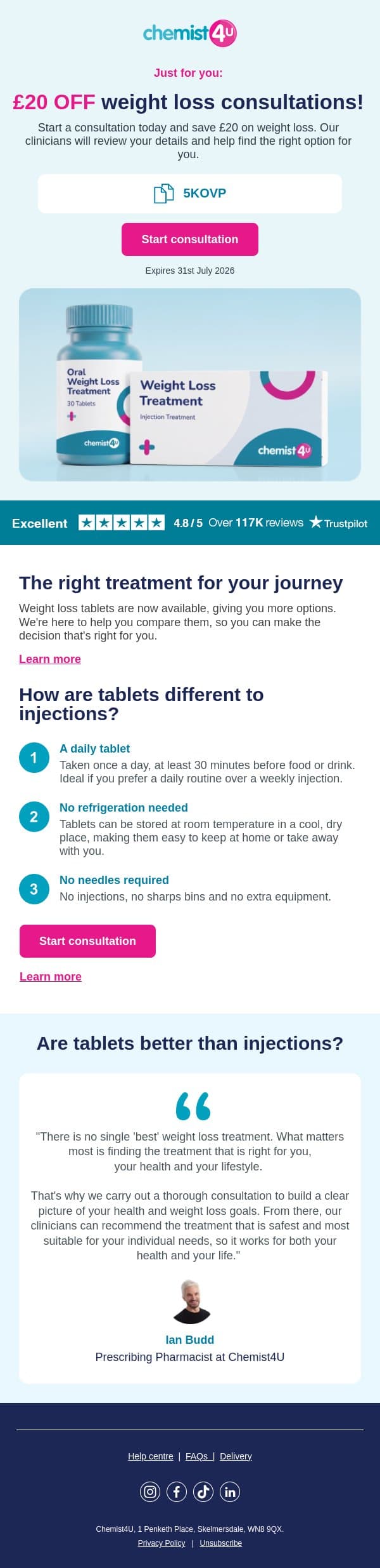 £20 off your weight loss consultation! 👉 email from Chemist4U screenshot