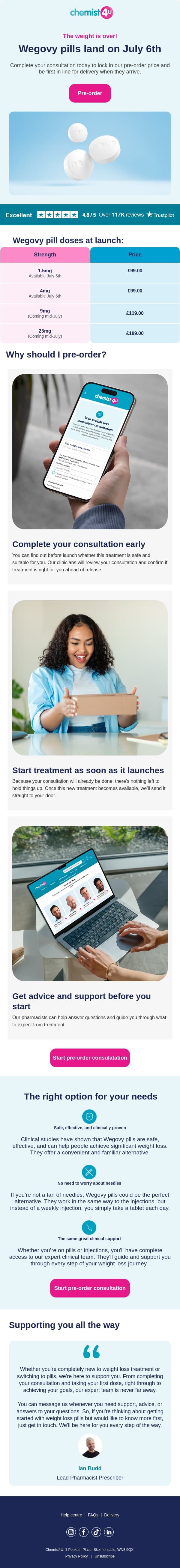 Wegovy pills launch July 6th email from Chemist4U screenshot