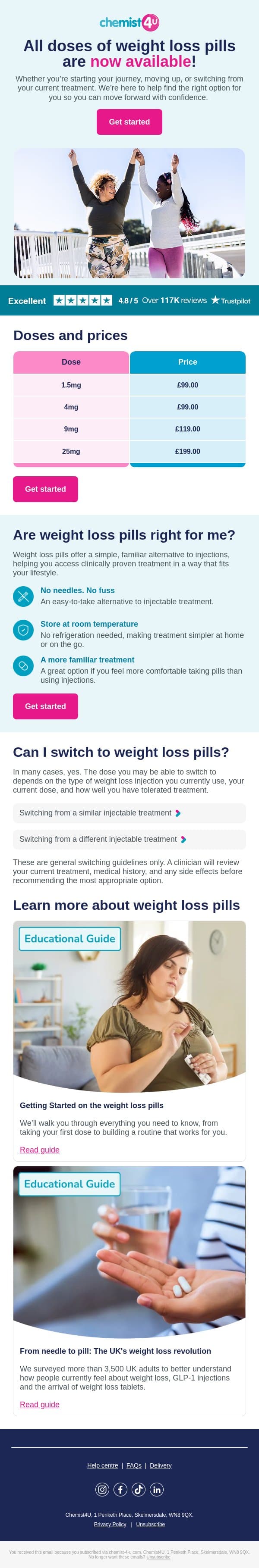 All doses of weight loss pills are now available! email from Chemist4U screenshot