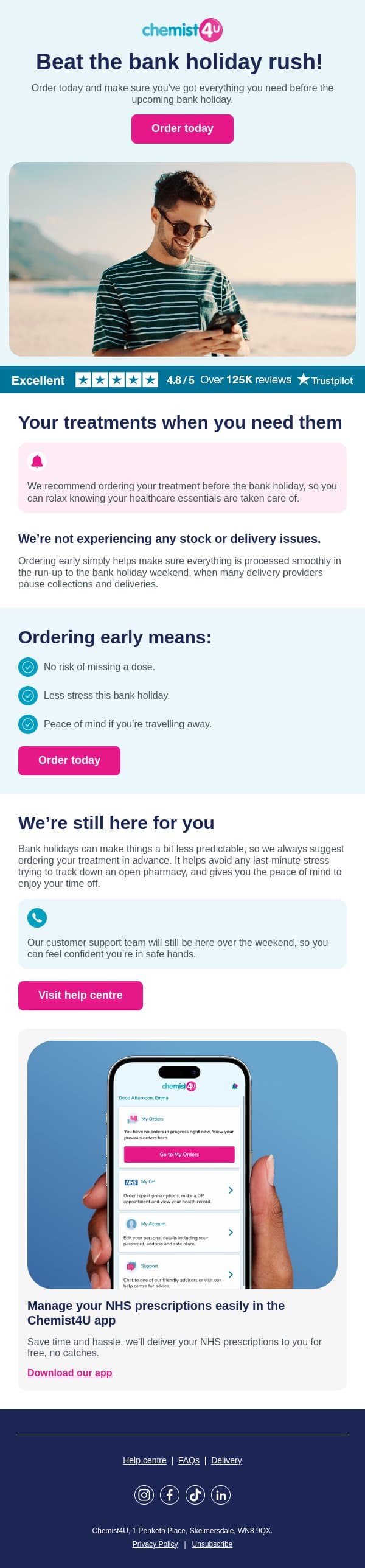 Beat the bank holiday rush! email from Chemist4U screenshot