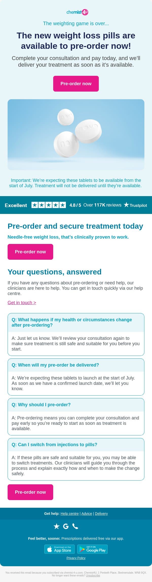 Pre-order oral weight loss pills now! email from Chemist4U screenshot