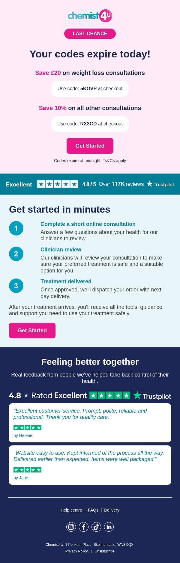 adam, your codes expire tonight! email from Chemist4U screenshot