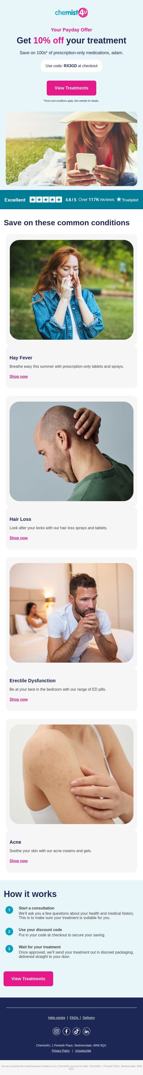 10% OFF hundreds of treatments email from Chemist4U screenshot
