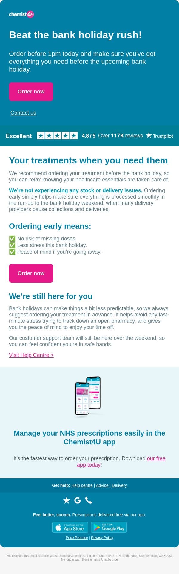 Order before 1pm: Best the rush! ๐ email from Chemist4U screenshot