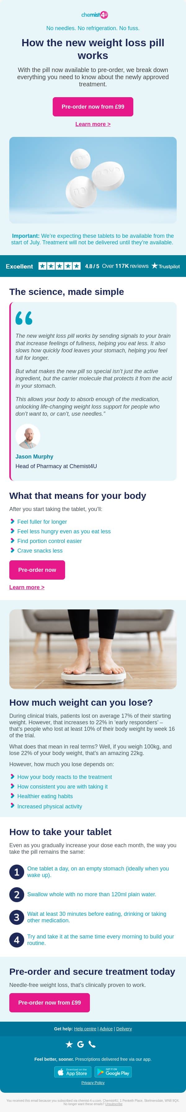 How does a weight loss pill actually work? email from Chemist4U screenshot