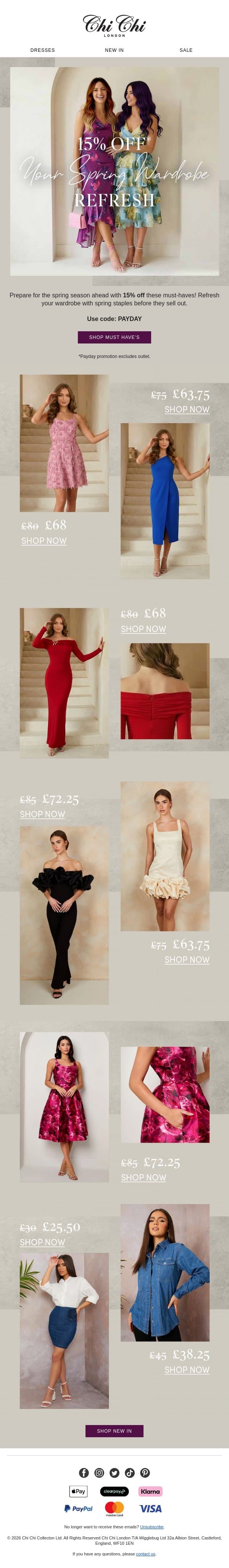 15% off payday sale email from Chi Chi London screenshot