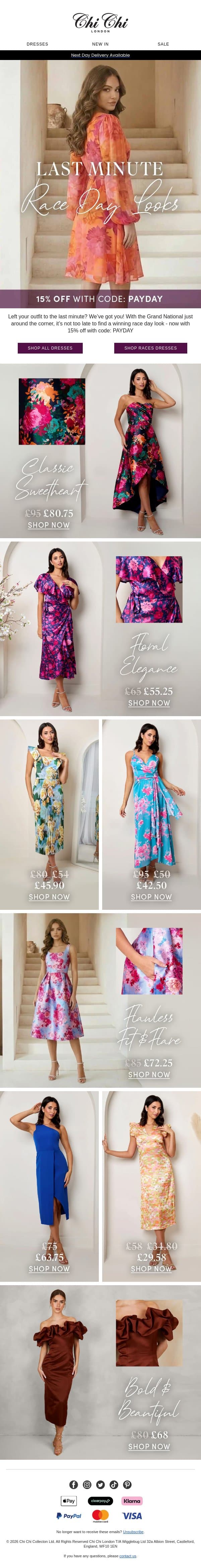 Race day looks - now 15% off!🐎 email from Chi Chi London screenshot