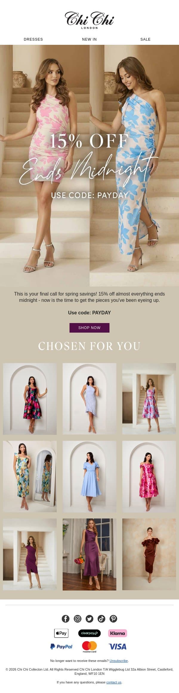 Ends tonight! 15% off almost everything email from Chi Chi London screenshot