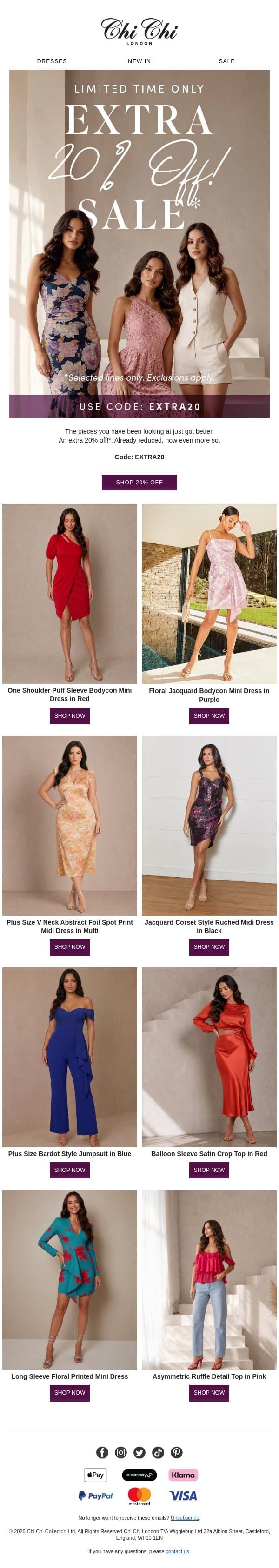 Extra 20% off sale! email from Chi Chi London screenshot
