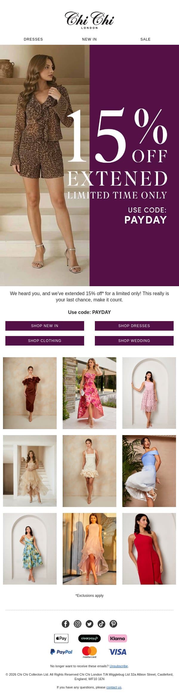 15% off extended for a limited time 😱 email from Chi Chi London screenshot