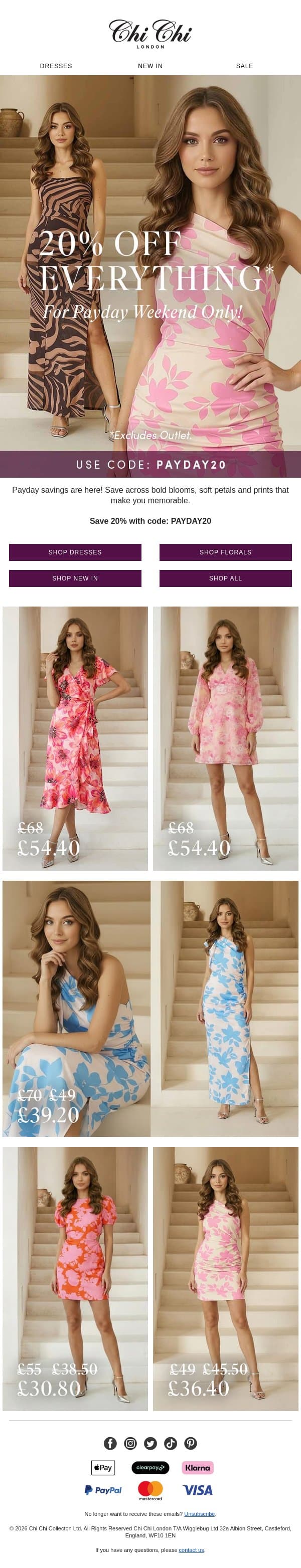 20% off payday sale🌼 email from Chi Chi London screenshot