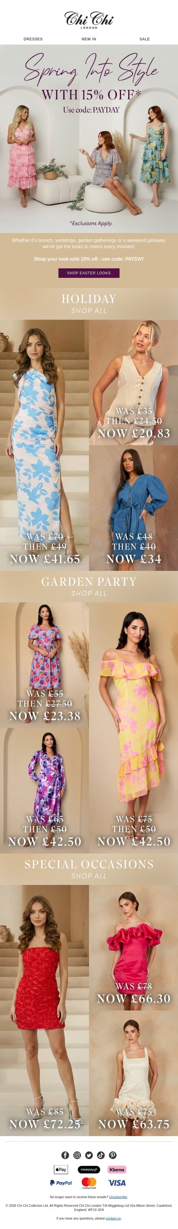15% off almost everything!🏵️🐣 email from Chi Chi London screenshot
