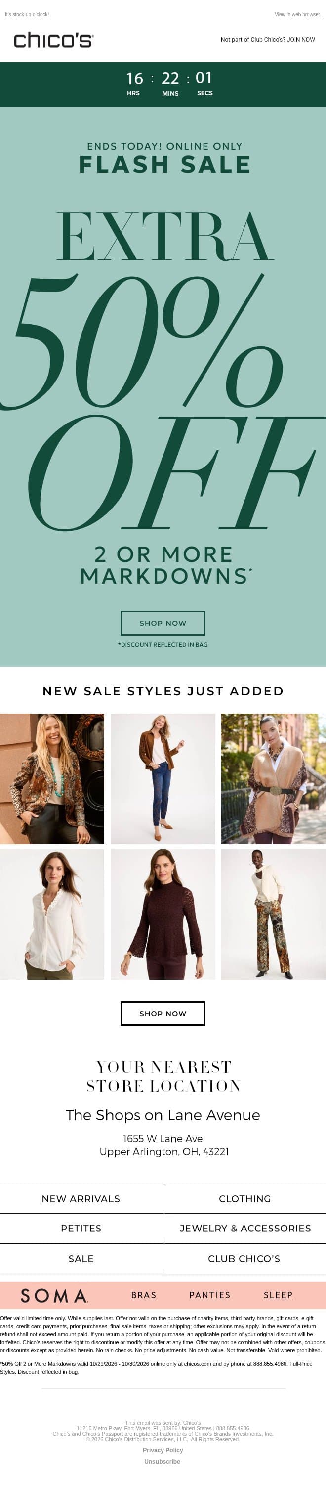 ENDS TODAY! Extra 50% off 2+ markdowns email from Chico's screenshot