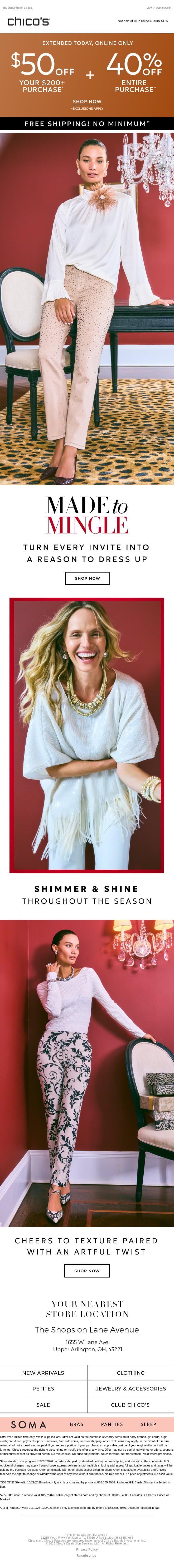 ENDS TONIGHT: Combine 40% off + $50 off! email from Chico's screenshot