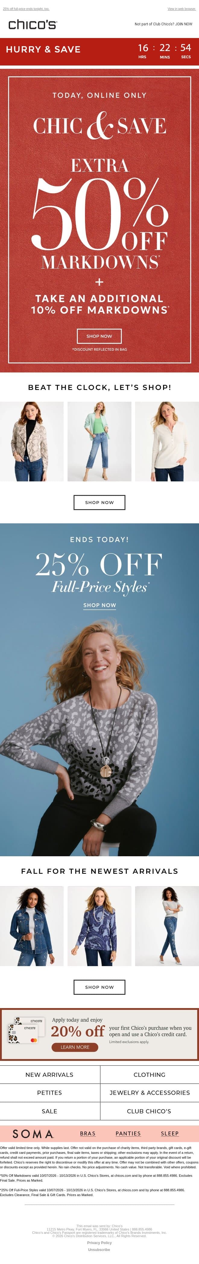 TODAY ONLY: Extra 50% Off + Extra 10% Off Markdown Madness email from Chico's screenshot