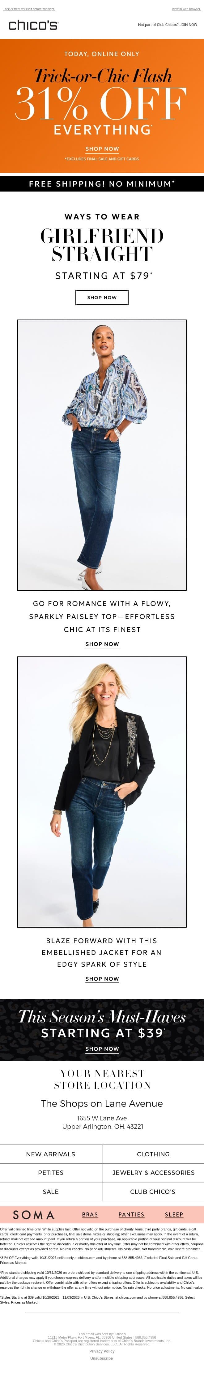 31% off + $79+ DENIM goodies + free shipping π π¬ email from Chico's screenshot