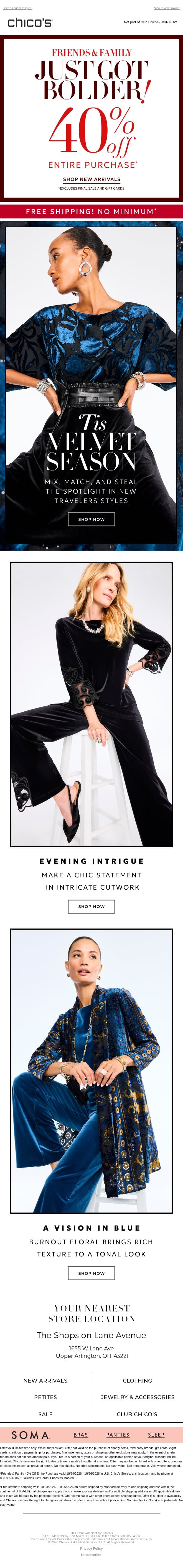 40% off everything* + TRAVELERS™ VELVET IS BACK email from Chico's screenshot