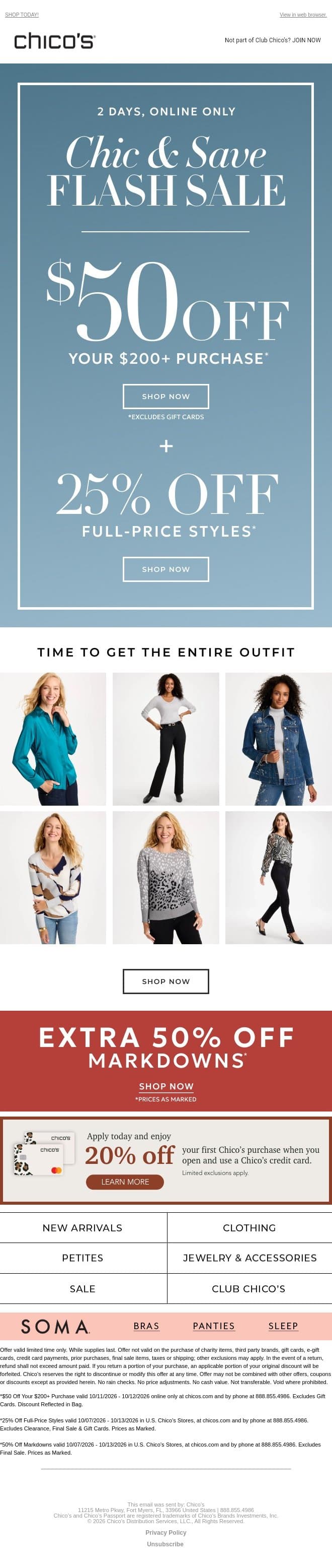 FLASH SALE: $50 Off combines with ALL offers email from Chico's screenshot