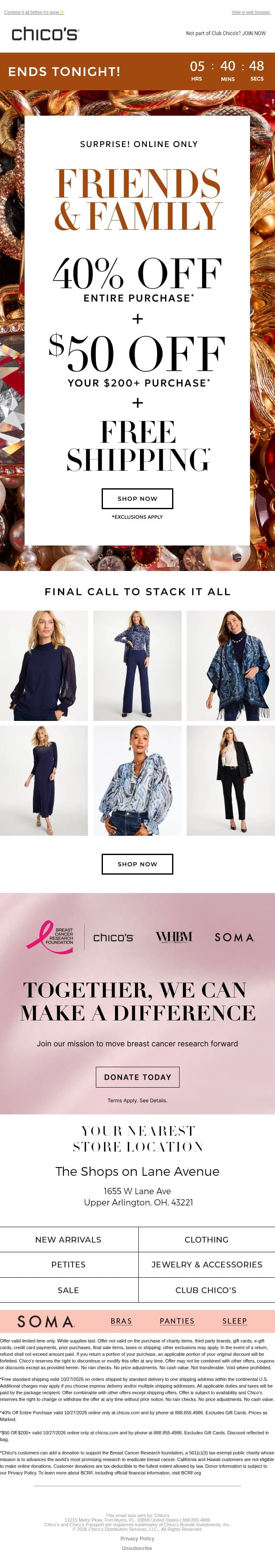 LAST HOURS! 40% OFF + $50 OFF + FREE SHIPPING email from Chico's screenshot