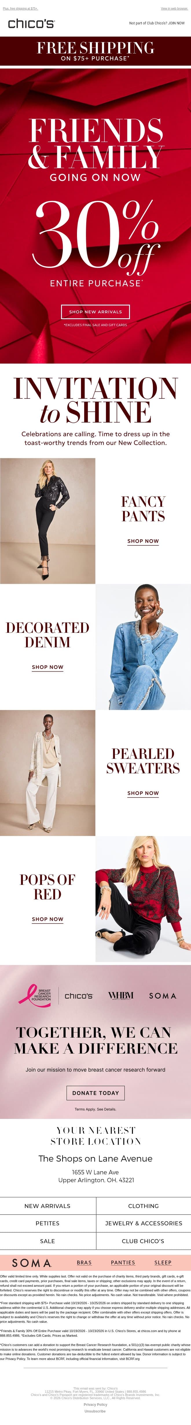 come inside for 30% off ENTIRE purchase! email from Chico's screenshot