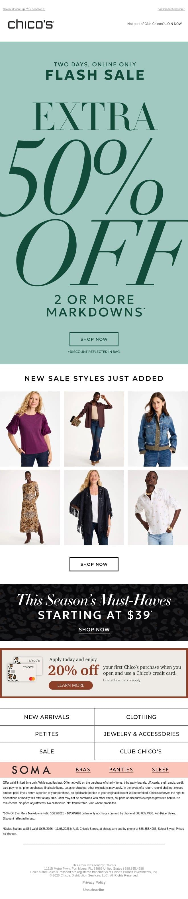 Starts today! Extra 50% off 2+ markdowns email from Chico's screenshot