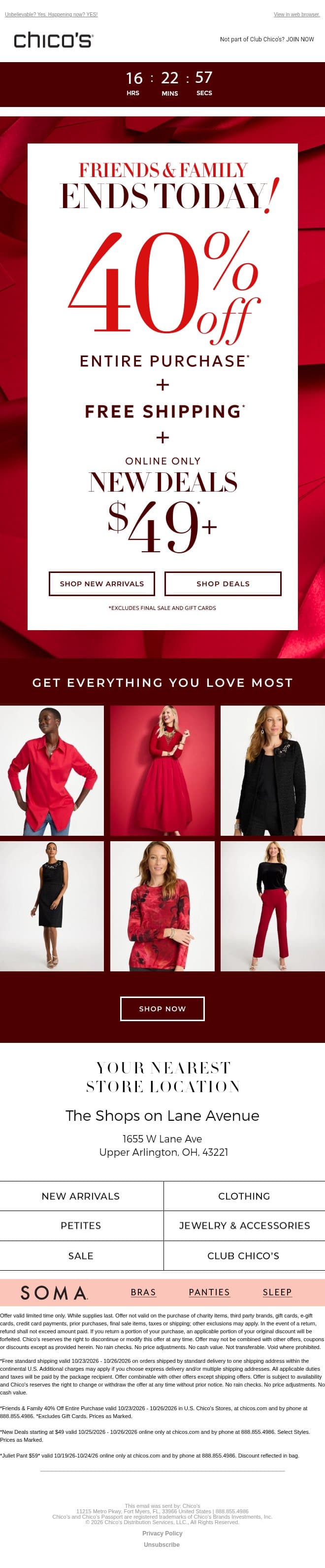 LAST DAY for 40% OFF + FREE SHIP + NEW DEALS (or is it? π) email from Chico's screenshot