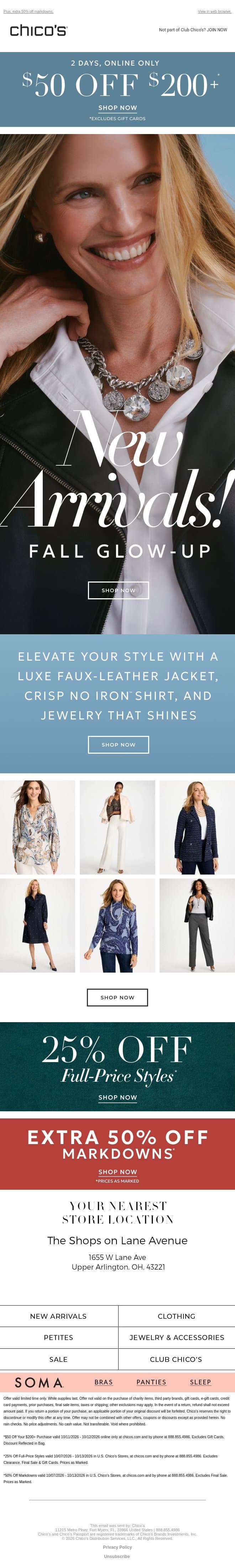 🤩 $50 off + 25% off NEW ARRIVALS email from Chico's screenshot