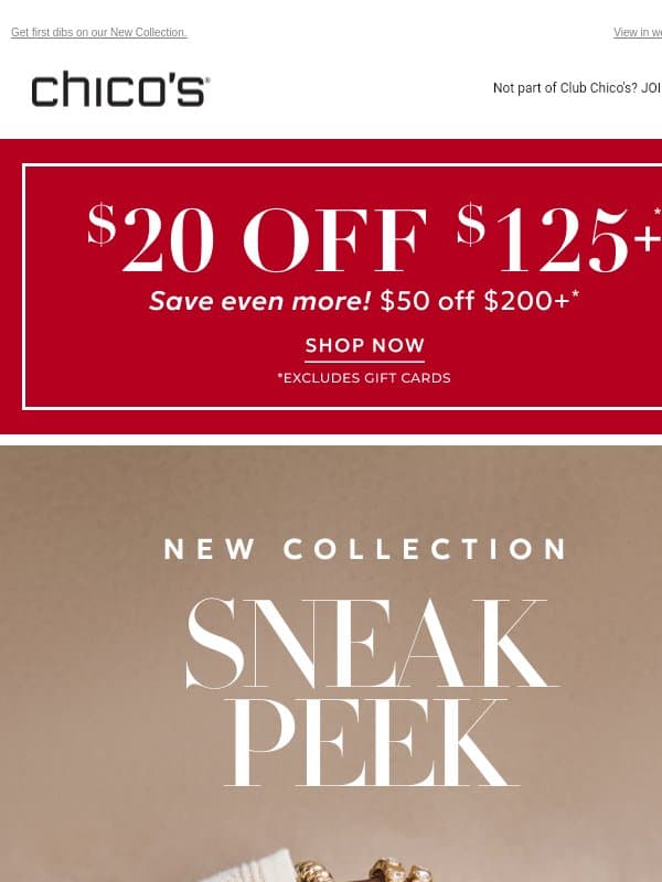 You get a FIRST LOOK + up to $50 off! 🤩 email from Chico's
