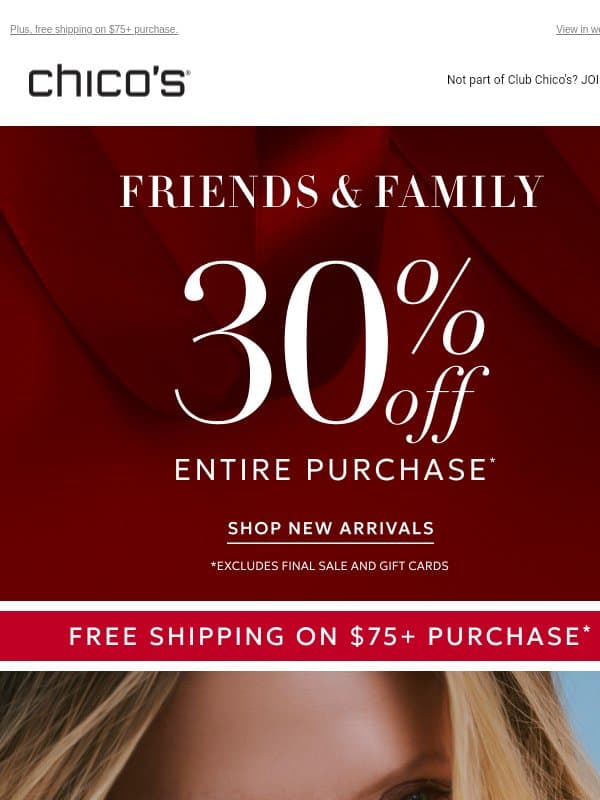 30% off + Luxe Leather, Shine & Crisp Whites email from Chico's